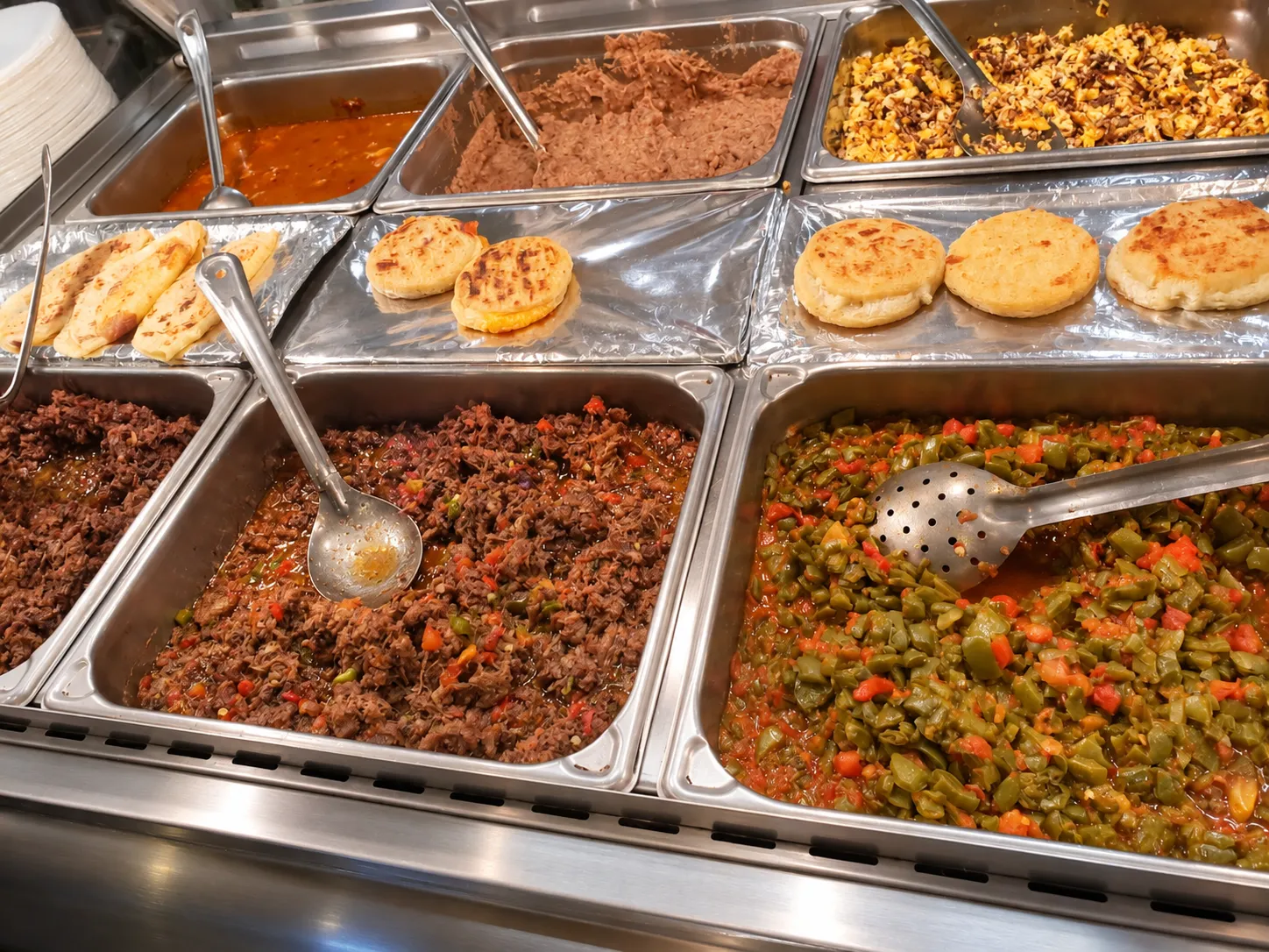 Stew counter with gorditas, machacado, nopales and beans