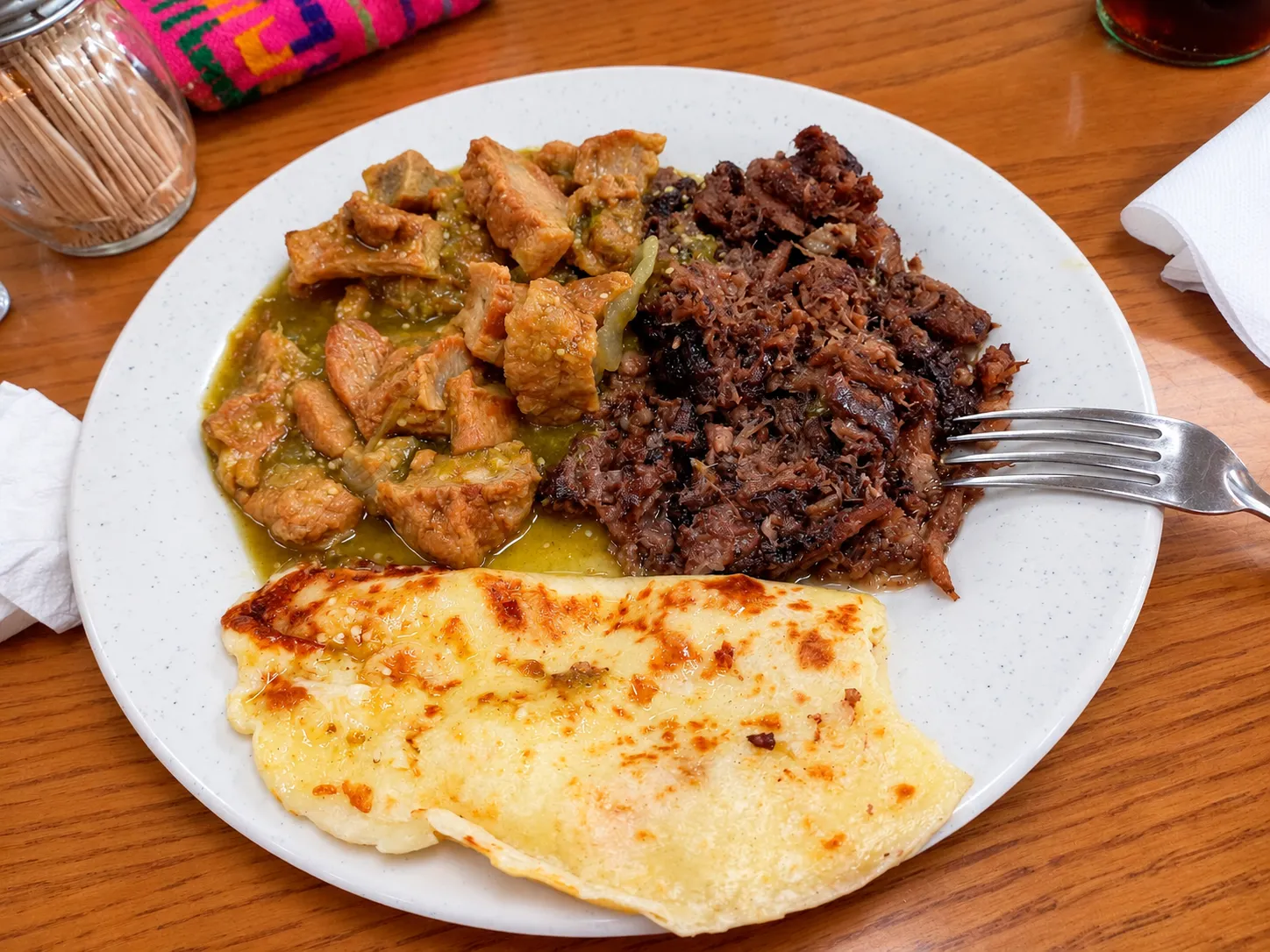 Pork in green salsa, shredded beef and a quesadilla