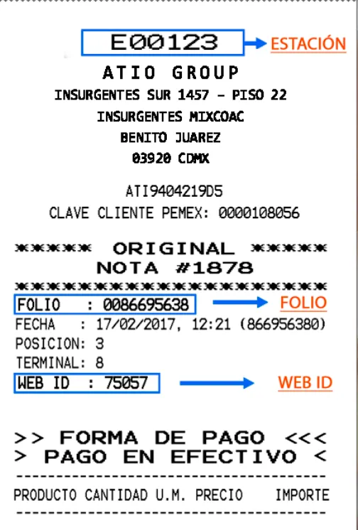 Ticket de ejemplo de la gasolinera con la Estación arriba, y el Folio y el Web ID marcados más abajo