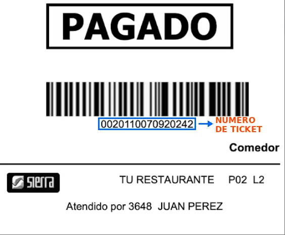 Ticket de ejemplo del restaurante: el número de ticket está debajo del código de barras
